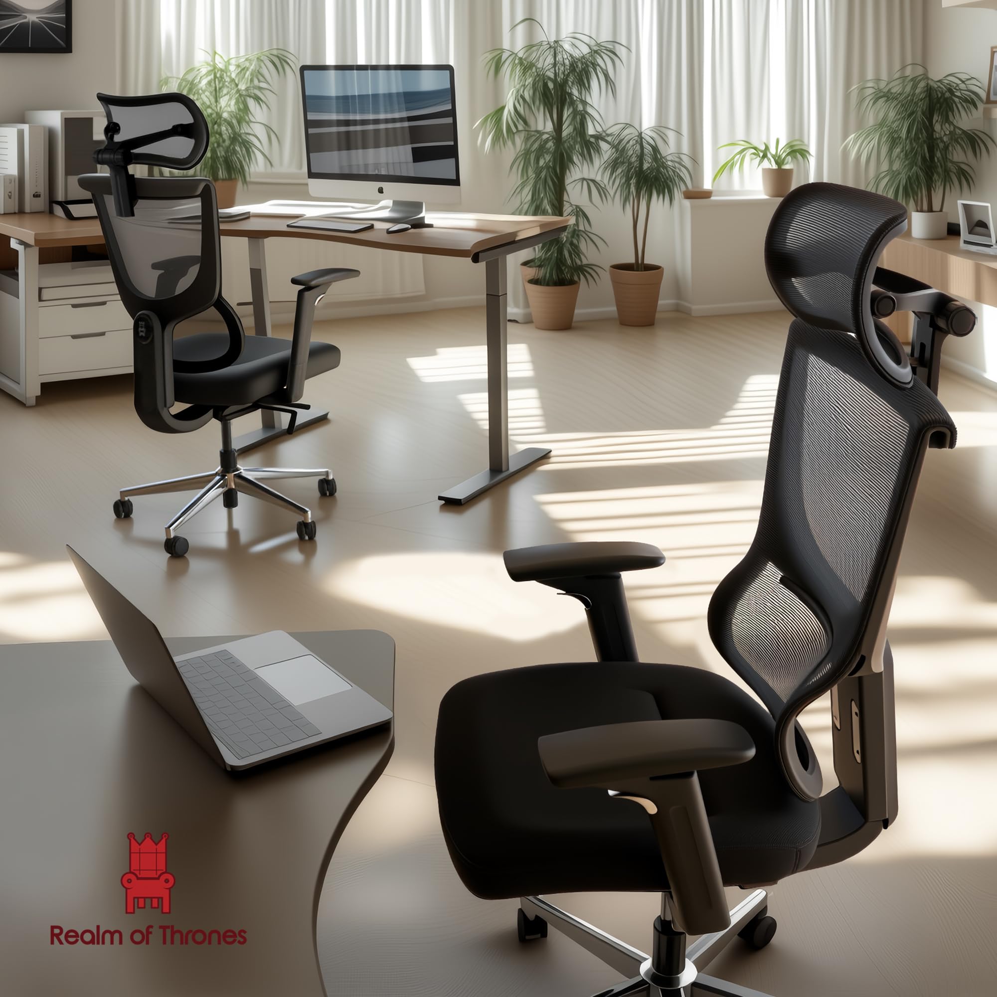 Realm of Thrones CAPTAIN Ergonomic Office Chair for Home, Heavy Duty Steel Base, Versatile Flip-up Armrests, Adjustable Lumbar Support, Mesh Back Comfort Cushion Seat for Computer Desk/Gaming (Black)