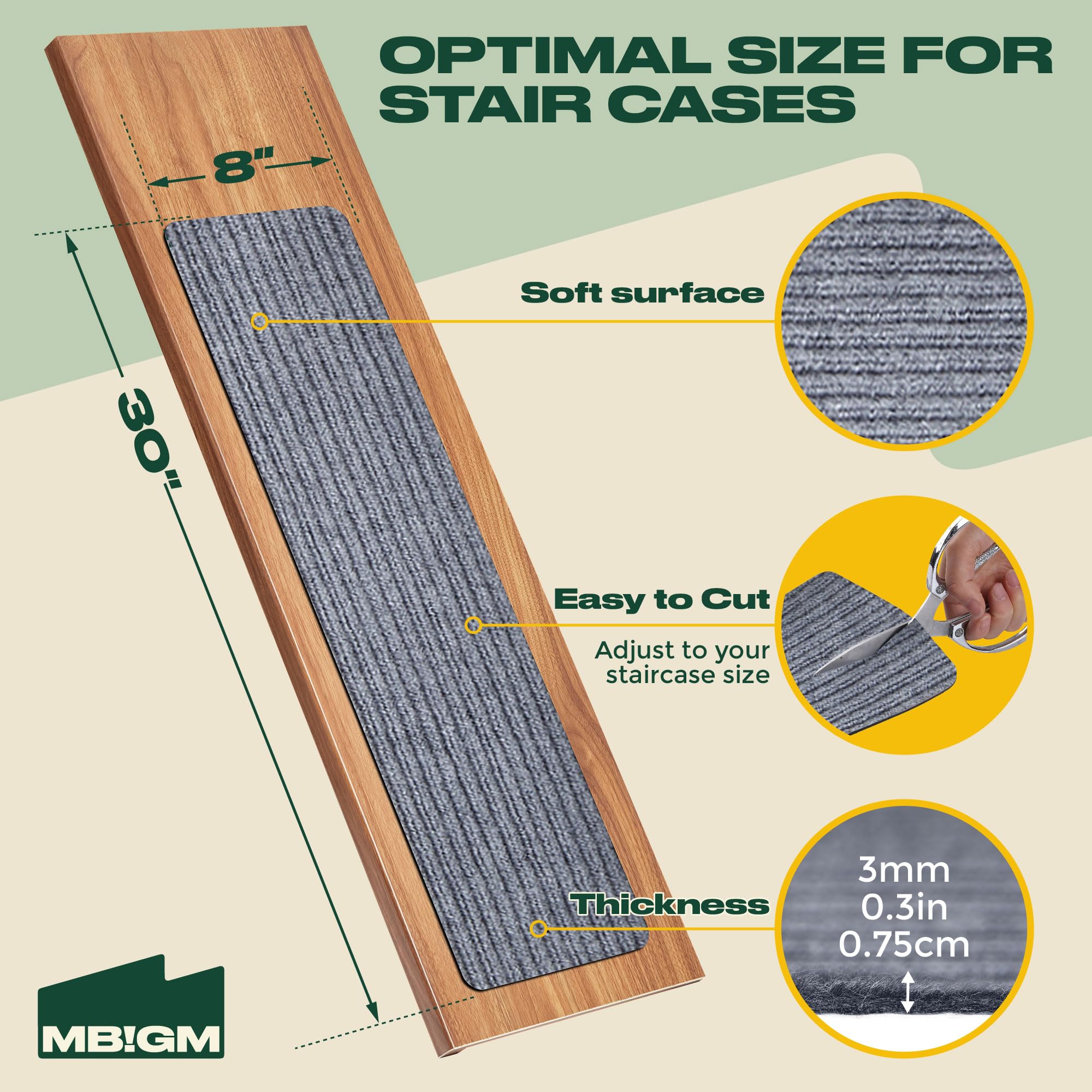 MBIGM 8" X 30" (15-Pack) Non-Slip Carpet Stair Treads Non-Skid Safety Rug Slip Resistant Indoor Runner for Kids Elders and Pets with Reusable