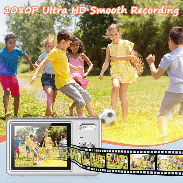 Digital Camera 1080P FHD 44MP with 2.4" LCD Screen,16X Digital Zoom, Compact Portable Vlogging Camera with 32gb SD Card for Kids Teen Students Beginner (Silver)