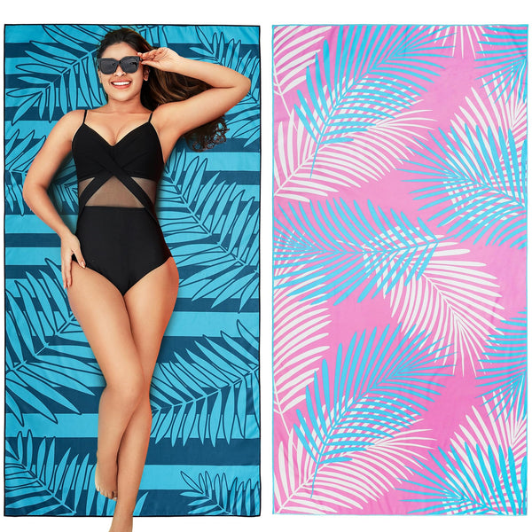 Winthome Beach Towel, Extra Large Microfibre Beach Towel for Adult, Double Sides Sand Free Quick Dry lightweight Travel Swimming Towel(Pink + Green, 90×180cm - 2 pack)