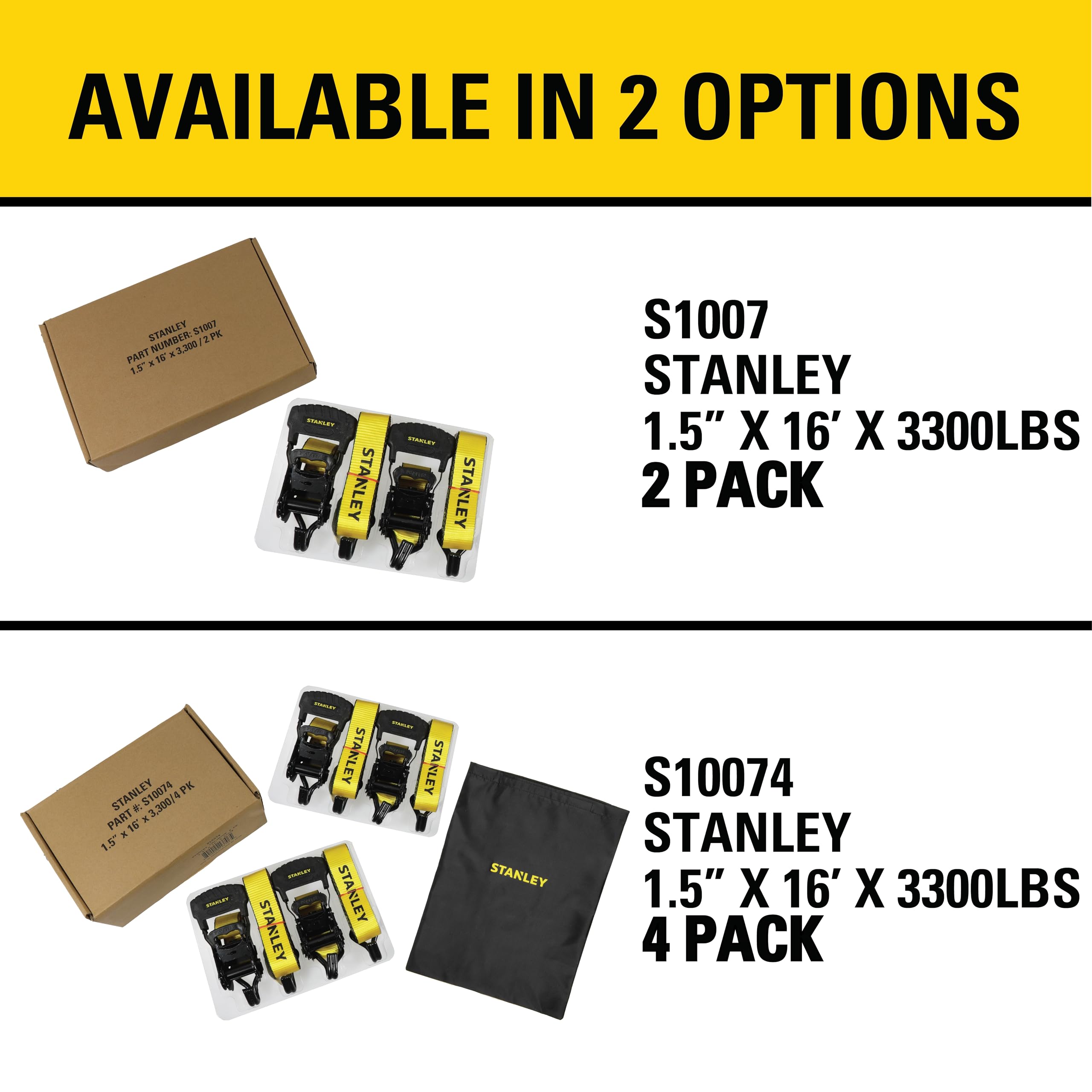 STANLEY S1007 Black/Yellow 1.5" x 16' Ratchet Tie Down Straps - 1,100 lb Safe Working Load / 3,300 lb Break Strength, 2 Pack