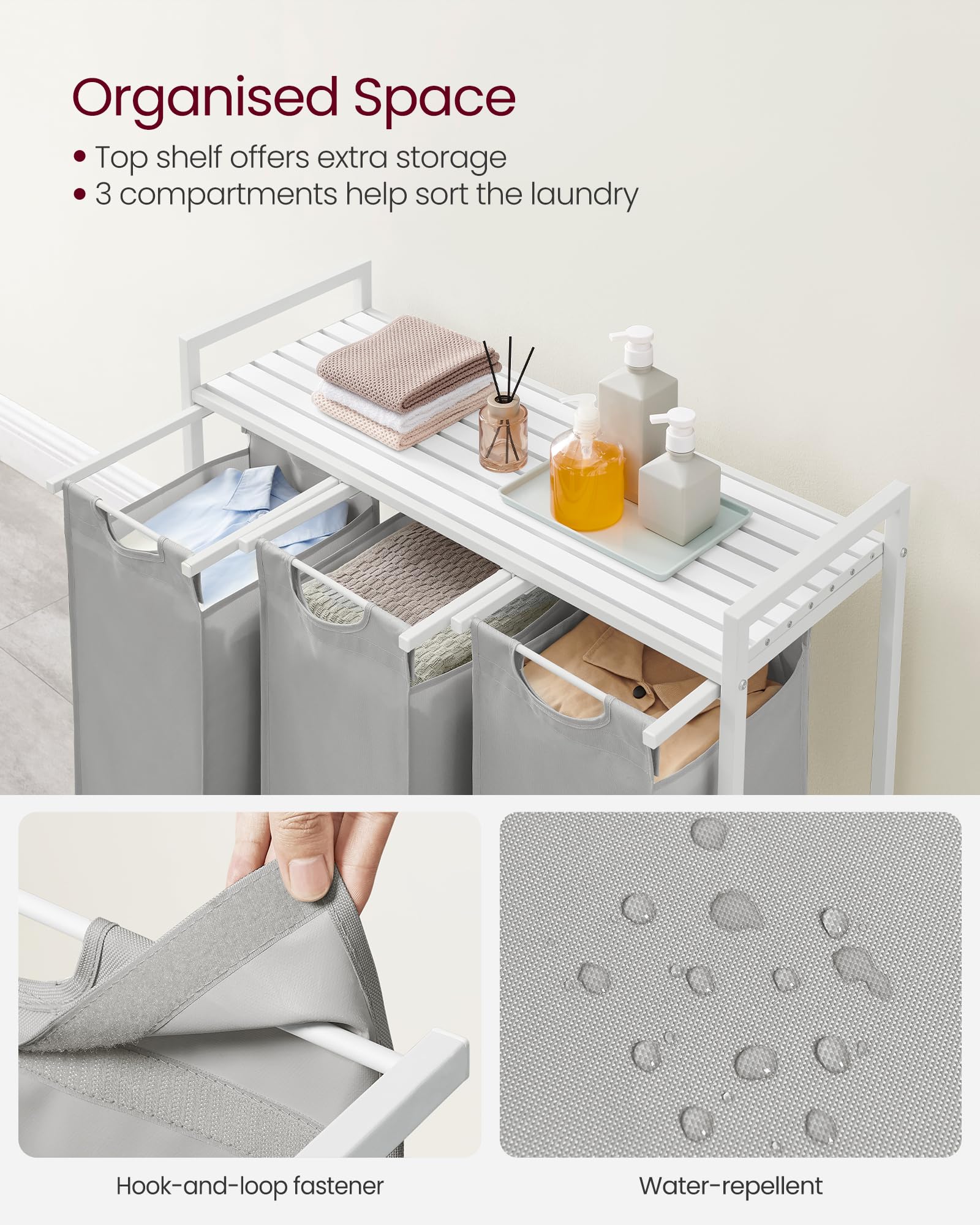 VASAGLE Laundry Basket, Laundry Hamper, Pull-Out and Removable Liner Bag, Shelf, Metal Frame, 65 L, 50 x 33 x 72 cm, Ink Black and Rustic Brown BLH101B01