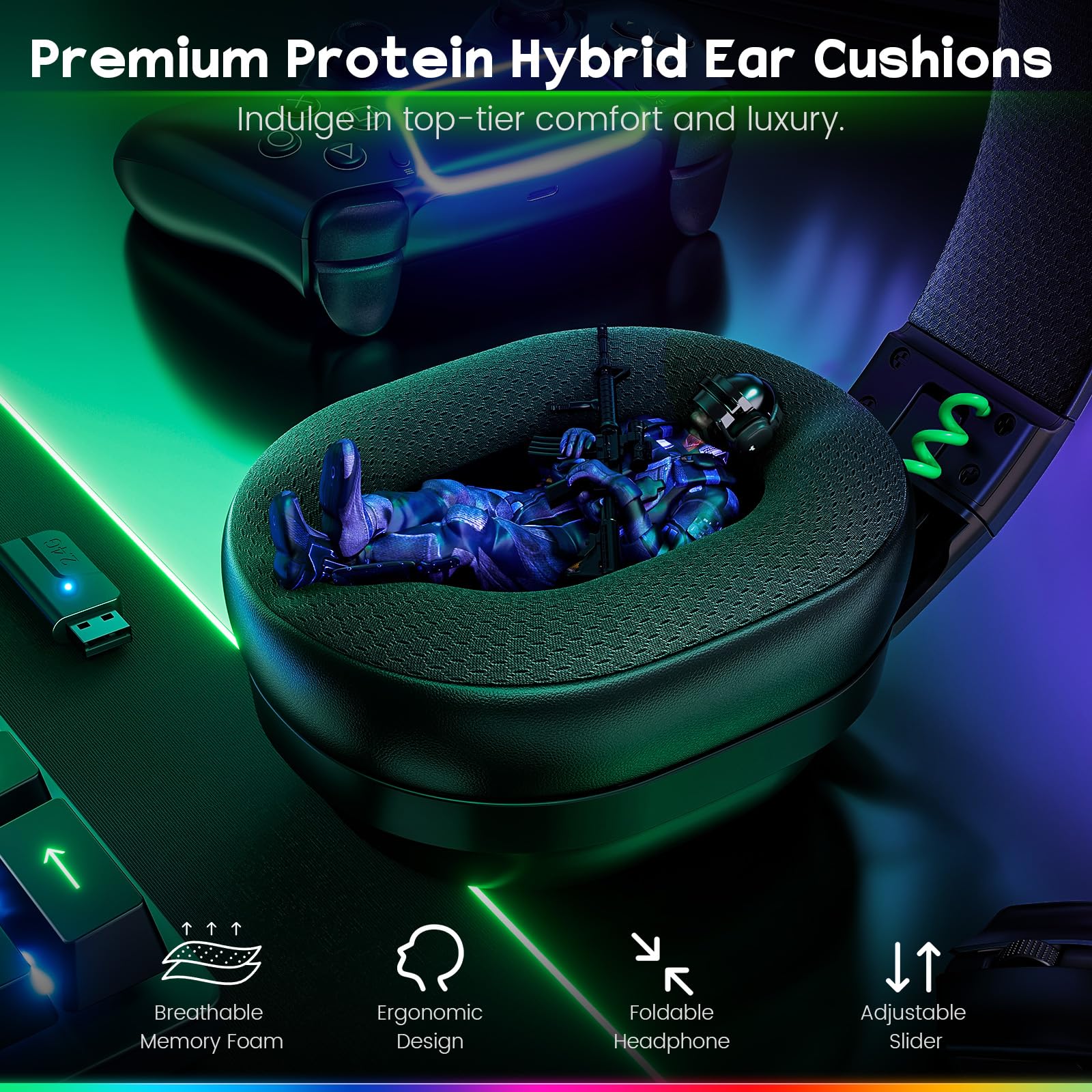 WESEARY Wireless Gaming Headset for PS5/PS4/PC/Switch/Mac, Dual Mode 2.4GHz & Bluetooth & USB, Headset with Microphone, 50-Hour Battery, EQ Modes, Lossless Audio, RGB Lighting