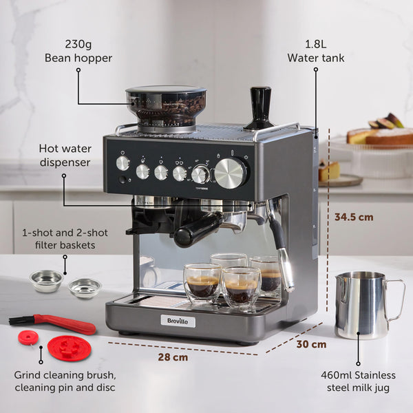 Breville Barista Max Espresso Machine | Latte & Cappuccino Coffee Maker with Integrated Bean Grinder & Steam Wand | 2.8 L Water Tank | 15 Bar Italian Pump | Stainless Steel
