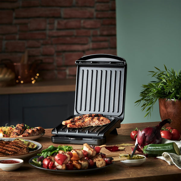 George Foreman Large Electric Fit Grill [Non stick, Healthy, Griddle, Toastie, Hot plate, Panini, BBQ, Energy saving, Vertical storage, Easy clean, Drip tray, Ready to cook light] Black, 2400W 25820
