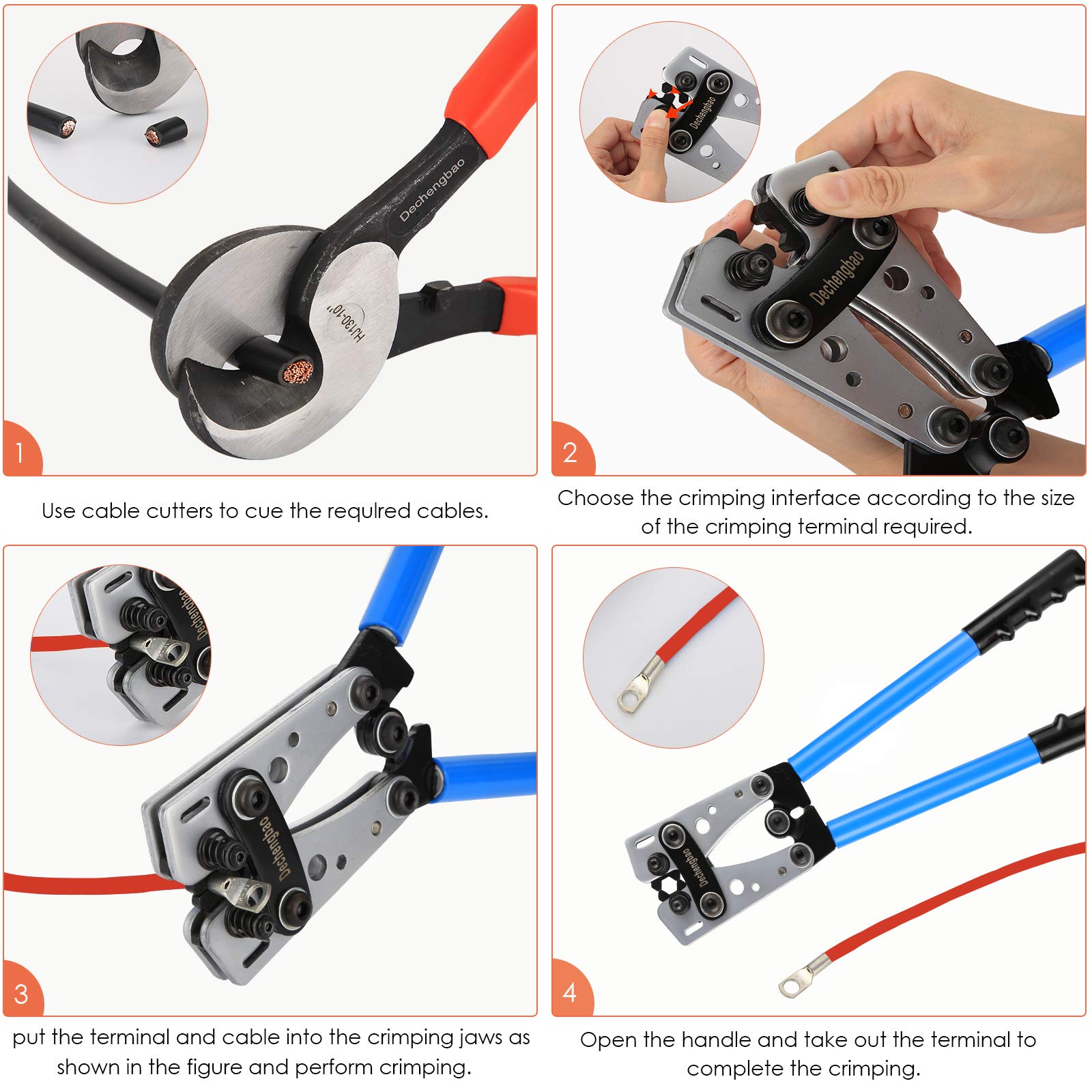 HX-50B Battery Cable Lug Crimping Tools Hand Electrician Pliers for Crimping Wire Cable from 6-50mm²(AWG 8-1/0) with Thickened and Reinforced The Metal Plate (HX50B Crmper +60PCSTerminals)