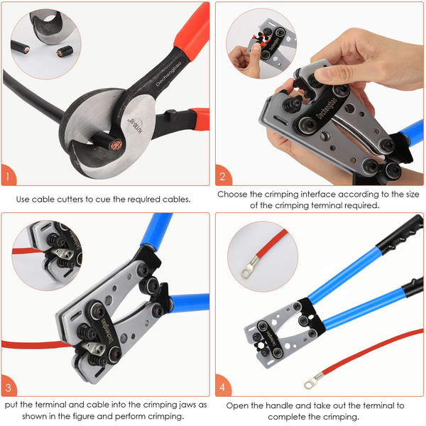HX-50B Battery Cable Lug Crimping Tools Hand Electrician Pliers for Crimping Wire Cable from 6-50mm²(AWG 8-1/0) with Thickened and Reinforced The Metal Plate (HX50B Crmper +60PCSTerminals)