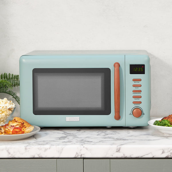 Haden Dorchester Green Microwave Oven - 20L 800W Microwave, Digital Controls, 5 Power Levels - Ideal Countertop Microwave with Wood Effect Finish,