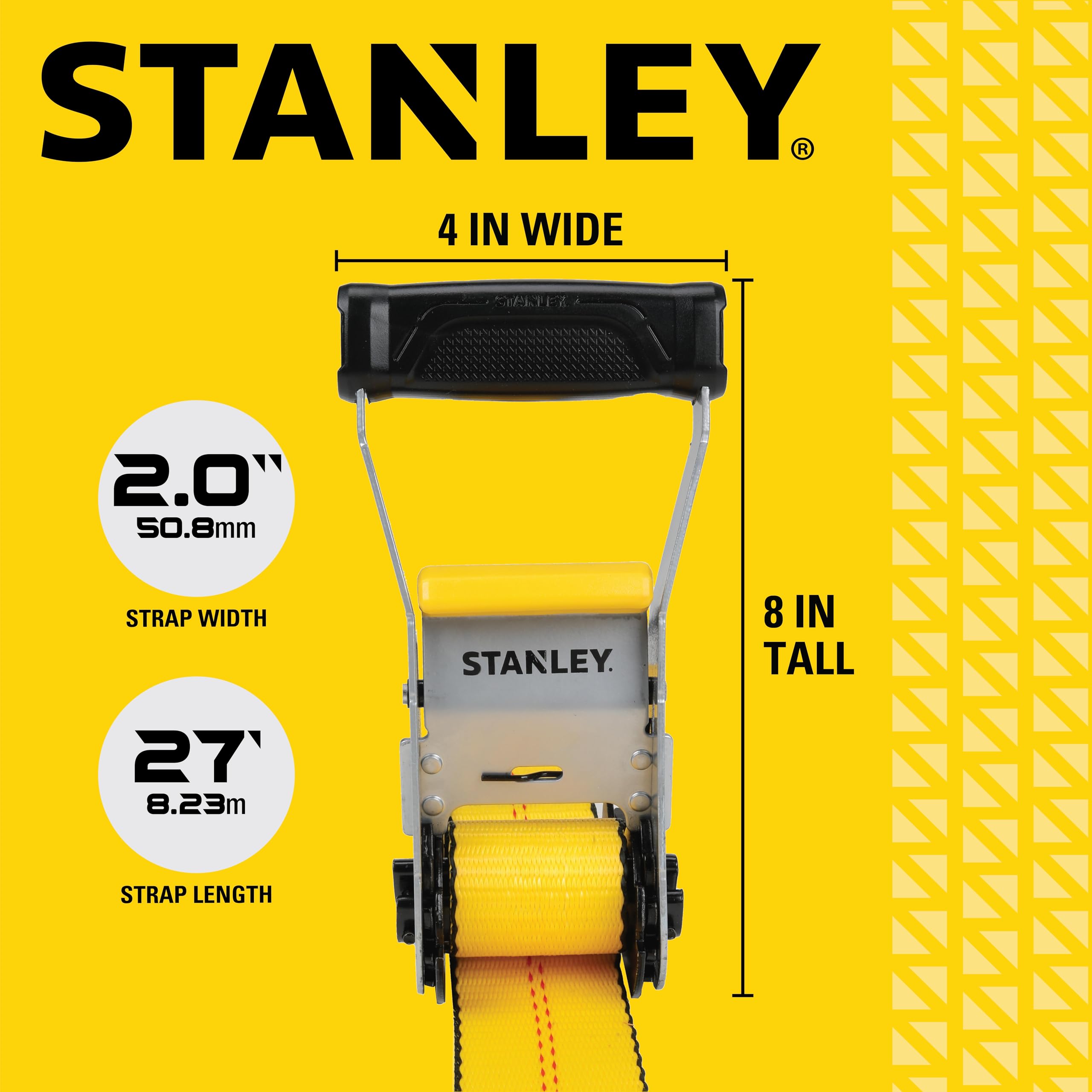 STANLEY S1007 Black/Yellow 1.5" x 16' Ratchet Tie Down Straps - 1,100 lb Safe Working Load / 3,300 lb Break Strength, 2 Pack