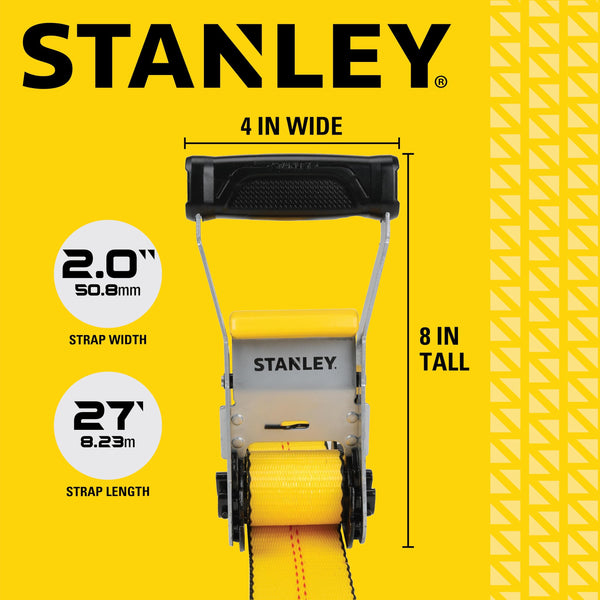 STANLEY S1007 Black/Yellow 1.5" x 16' Ratchet Tie Down Straps - 1,100 lb Safe Working Load / 3,300 lb Break Strength, 2 Pack