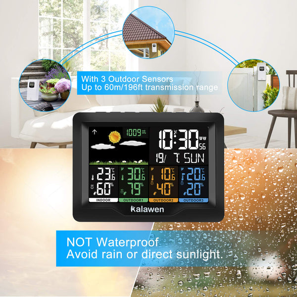 Kalawen Weather Station with 3 Outdoor Sensors, MSF Wireless Digital Alarm Clock, Barometer, Temperature, Humidity Monitor, Weather Forecast for Home