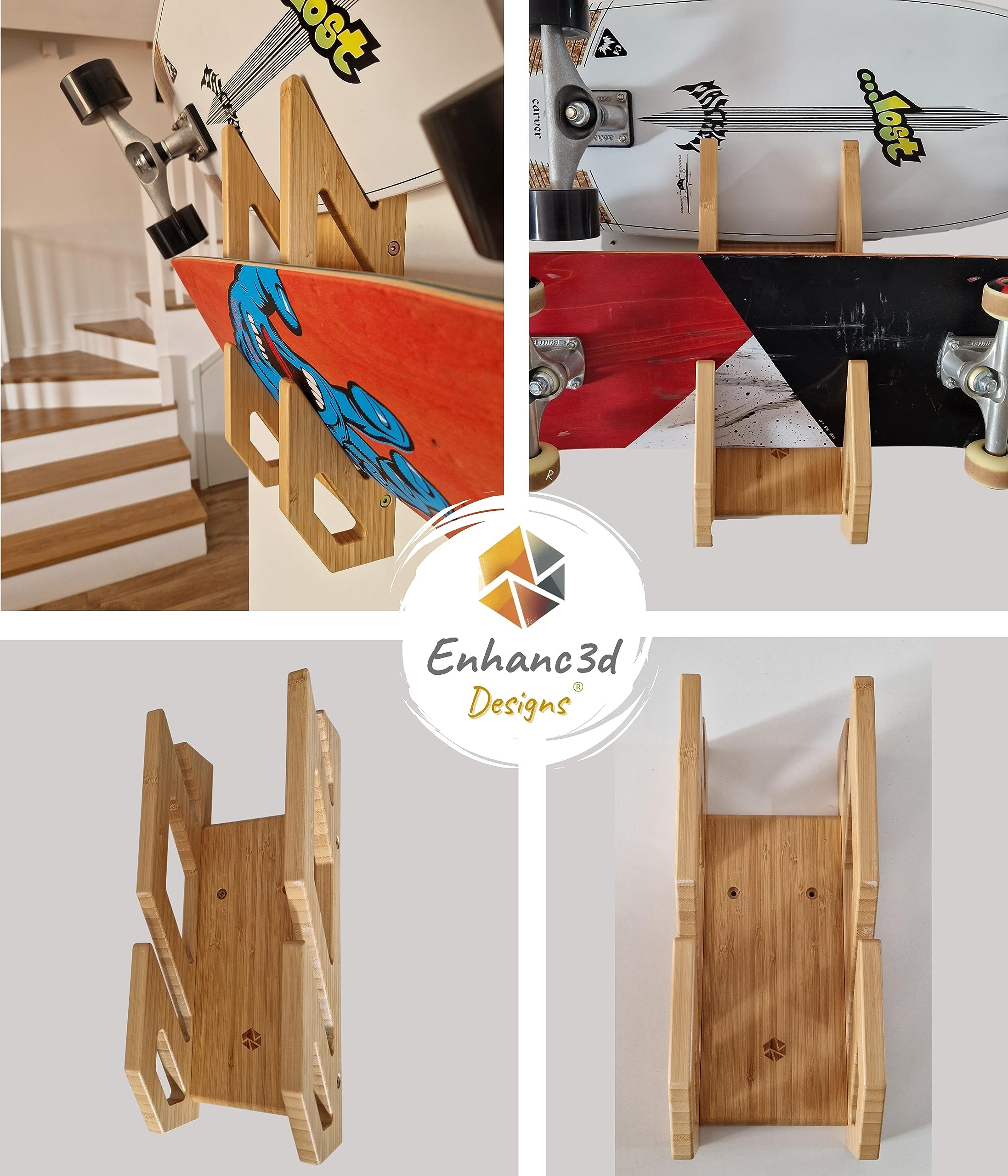 Enhanc3d Designs Skate Wall Mount in Bamboo Wood ? Modern and Robust Design ? Skate Wall Hanger ? Longboard Wall Mount (2 Skates)