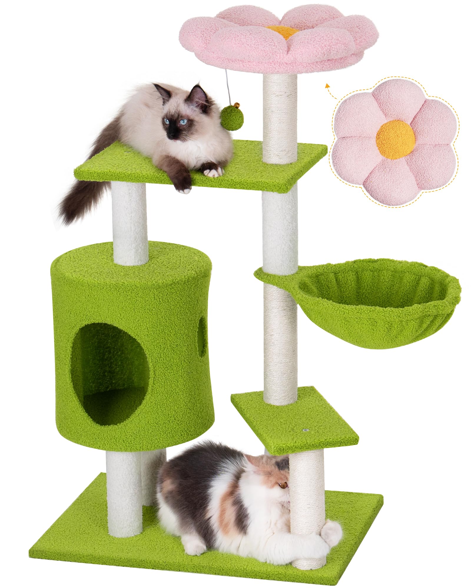 Aechonow 104cm Cute Cat Tree with Scratching Post, Indoor Flower Cat Tower, House Condo and Hammock for Small and Medium Kittens, Green Pink