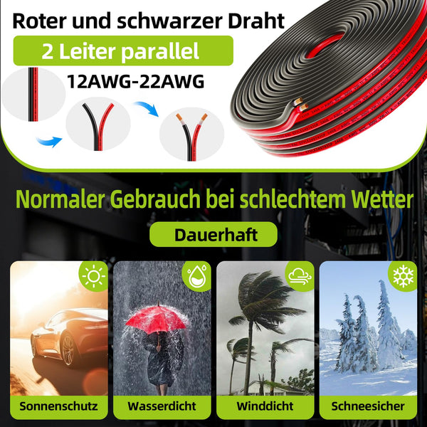 Piwaal 14AWG Spool 2.0mm² 25 ft Per Spool 14 Gauge 2Parallel Wire (Red 7.62M Black 7.62M) Bare Copper Wire for LED Strips/Bulbs/Lamps.