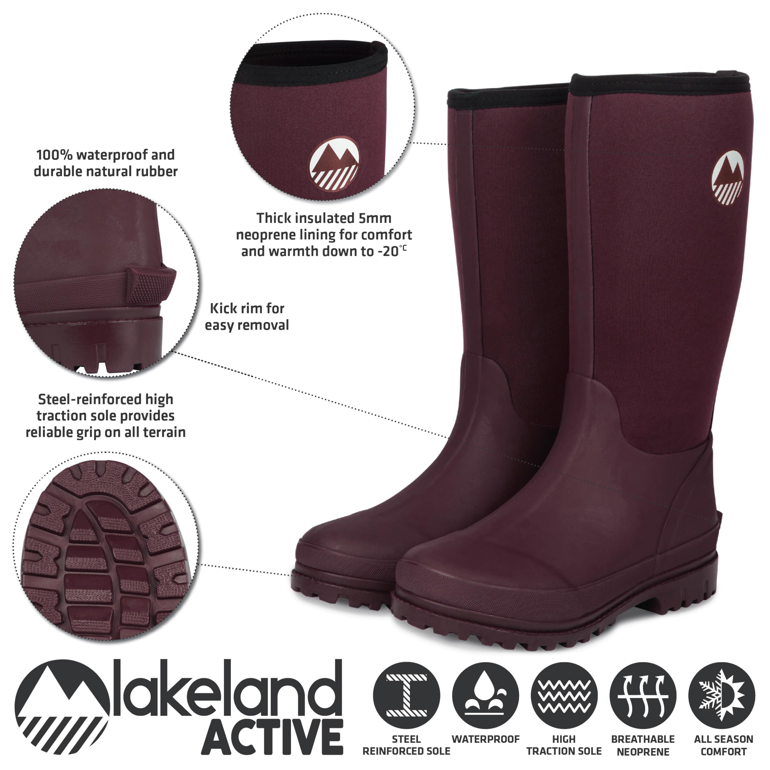 Lakeland Active Women's Rydal Neoprene Insulated Rubber Mucker & Yard Wellington Boots Warm Lined Fully Knee High Waterproof Wellies in Black, Moss Green, Navy Blue & Plum