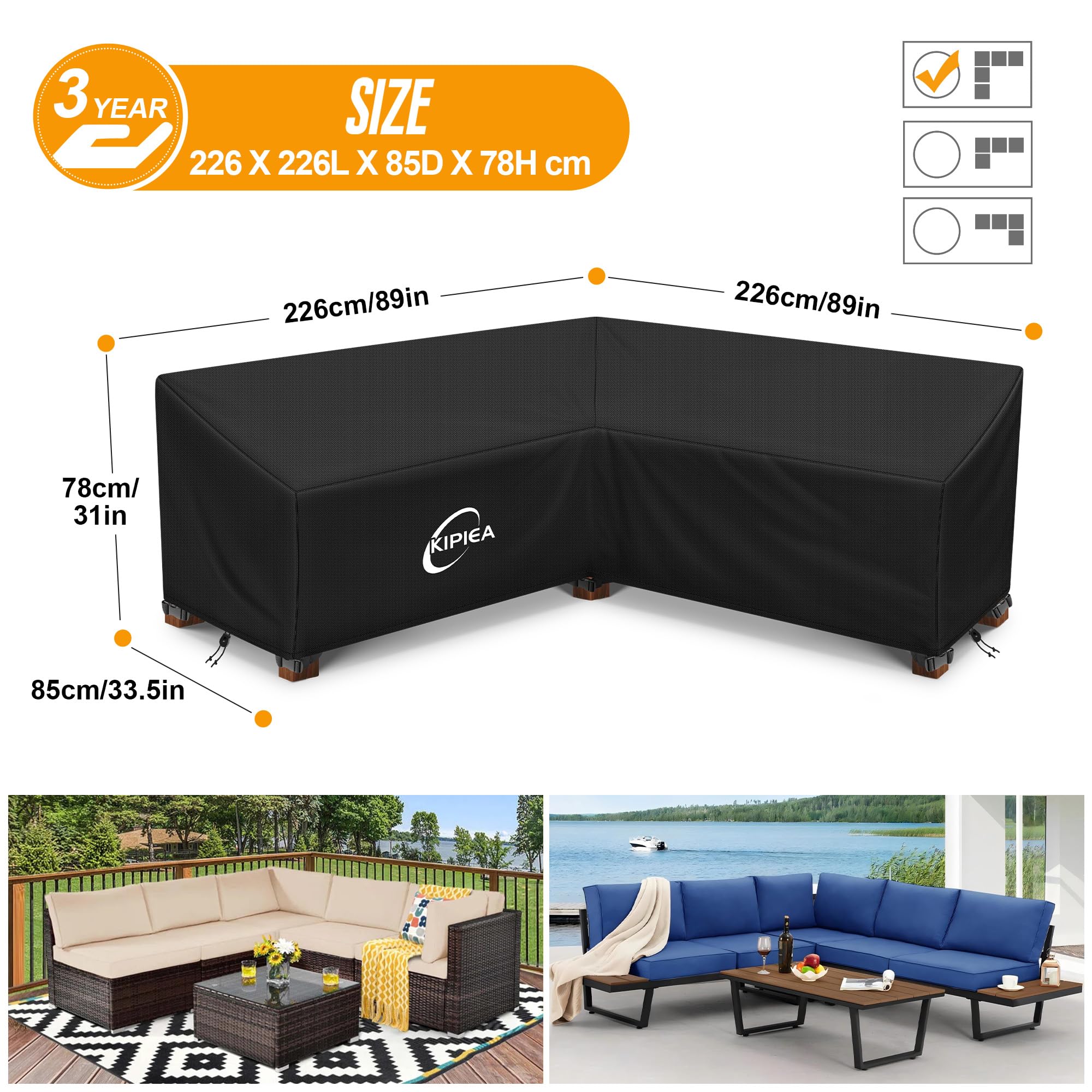 Kipiea V Shaped Garden Furniture Covers Waterproof, 420D Heavy Duty Oxford Fabric Outdoor Rattan Corner Sofa Covers with Windproof, Garden Sofa Cover,