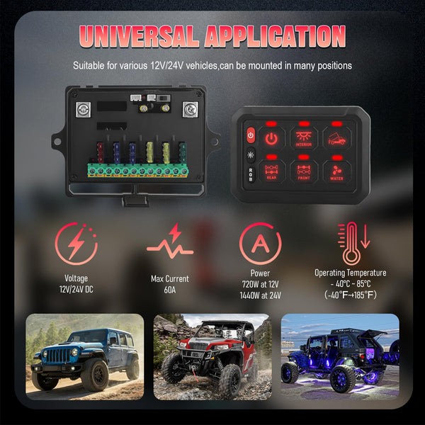 Chelhead RGB 6 Gang Switch Panel with APP Control, Universal Circuit Control Relay System, Multi-Function Bluetooth Remote Switch Panel, Compatible with Truck Boat SUV RV Trailer Marine ATV UTV