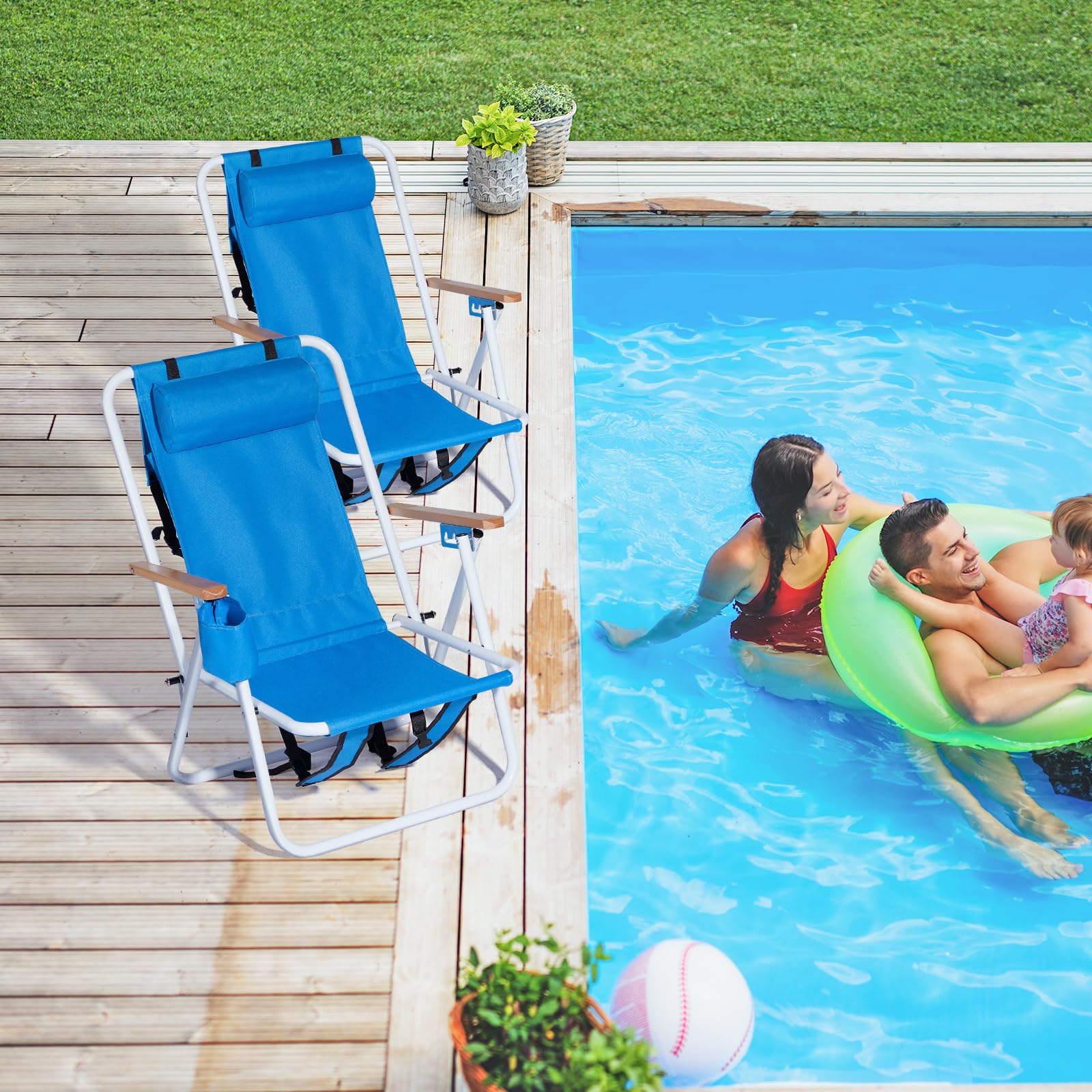 Outopee Set of 2 Folding Beach Chair, Portable Camping Backpack Beach Chair with 4 Level Positions, Adjustable Headrest, Cup Holder for Fishing Poolside Picnic, 120kg Capacity, Blue