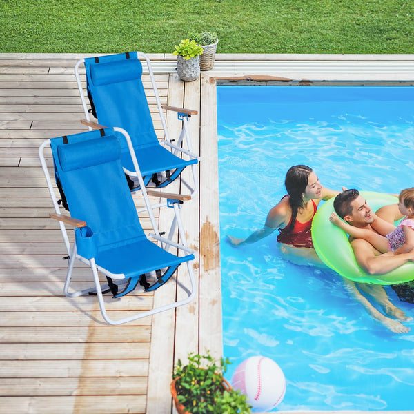 Outopee Set of 2 Folding Beach Chair, Portable Camping Backpack Beach Chair with 4 Level Positions, Adjustable Headrest, Cup Holder for Fishing Poolside Picnic, 120kg Capacity, Blue