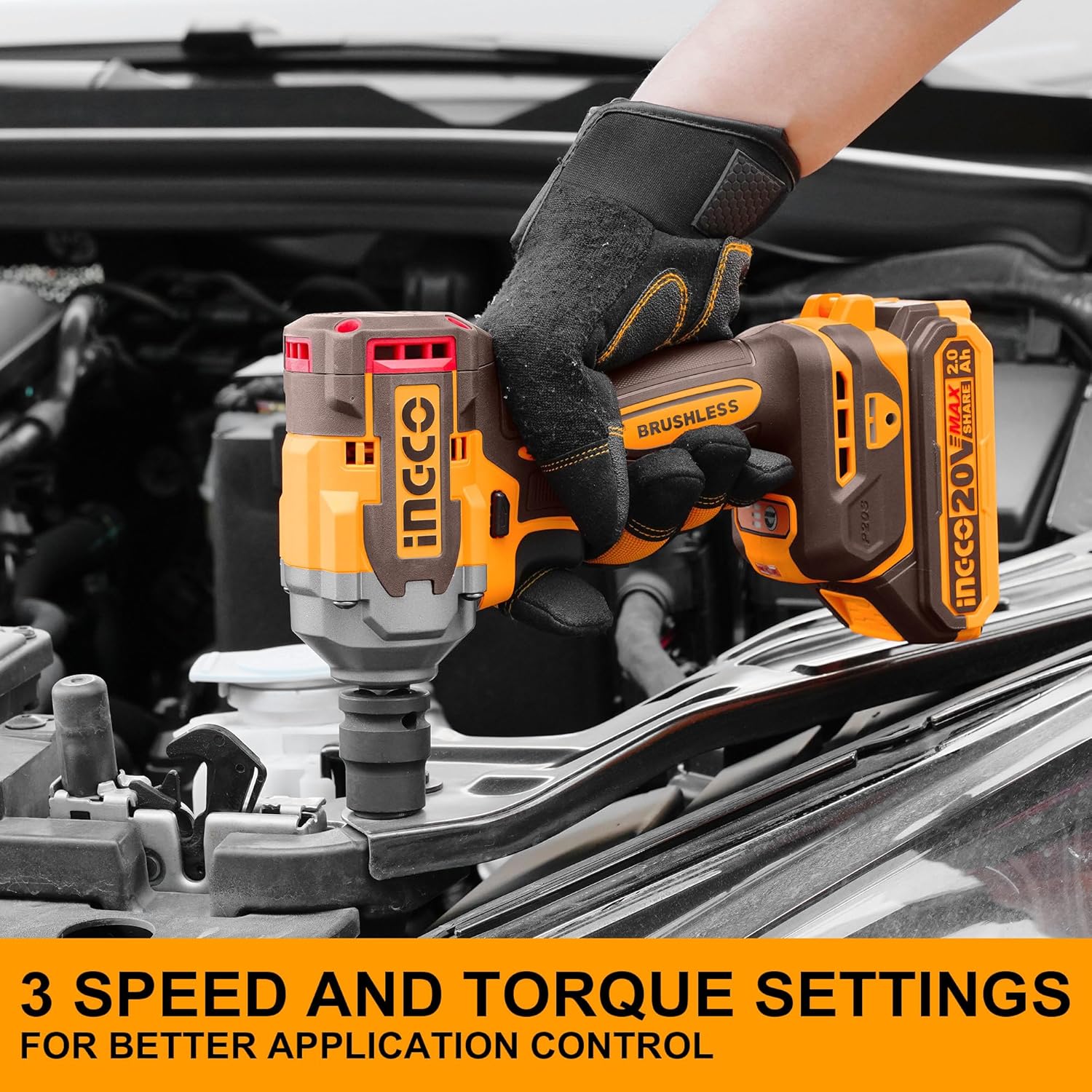 Ingco Cordless Impact Wrench 400NM (Body Only) 1/2 Inch 20V Brushless Electric Impact Gun with 3Pcs Sockets (17/19/21mm) CIWLI20401