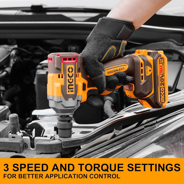 Ingco Cordless Impact Wrench 400NM (Body Only) 1/2 Inch 20V Brushless Electric Impact Gun with 3Pcs Sockets (17/19/21mm) CIWLI20401