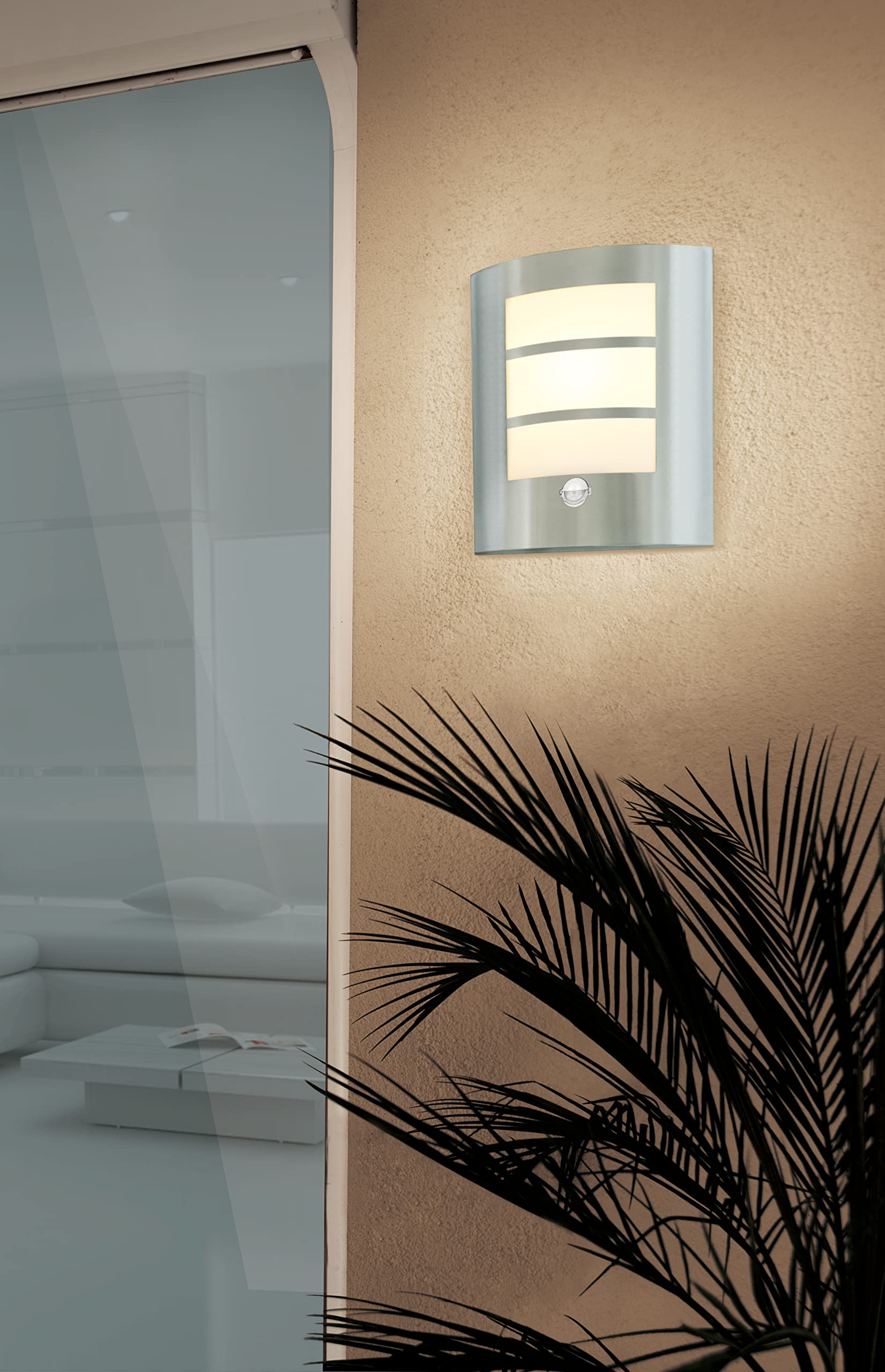 Eglo City Outdoor Motion Sensor Wall Light, White and Silver Stainless Steel External Porch Lighting, Exterior Lamp, E27 Socket, IP44