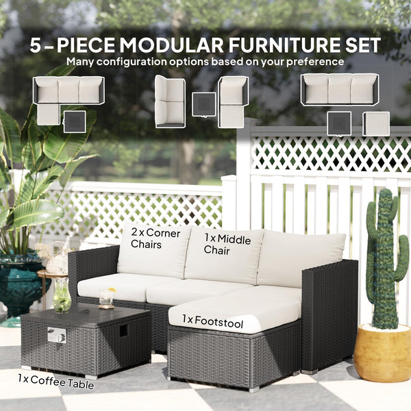Outsunny 5 Piece Rattan Garden Furniture Set with Gas Fire Pit Table, 4 Seater Outdoor Sectional Sofa Set with Footstool and Removable Cushions, Modular Combination, Brown and Cream White