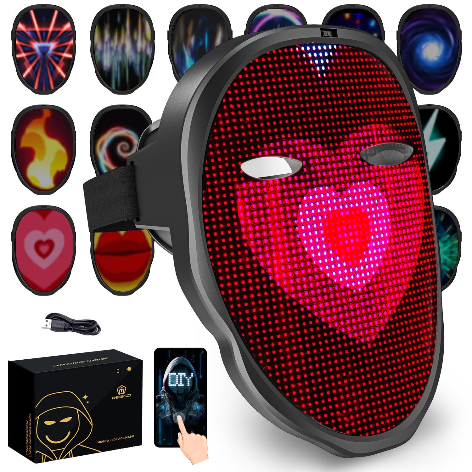 megoo LED Mask with Bluetooth Design Customized Programmable by APP,Halloween LED Luminous Mask for Costume Halloween DJ Masquerade Rave Cosplay Birthday Party