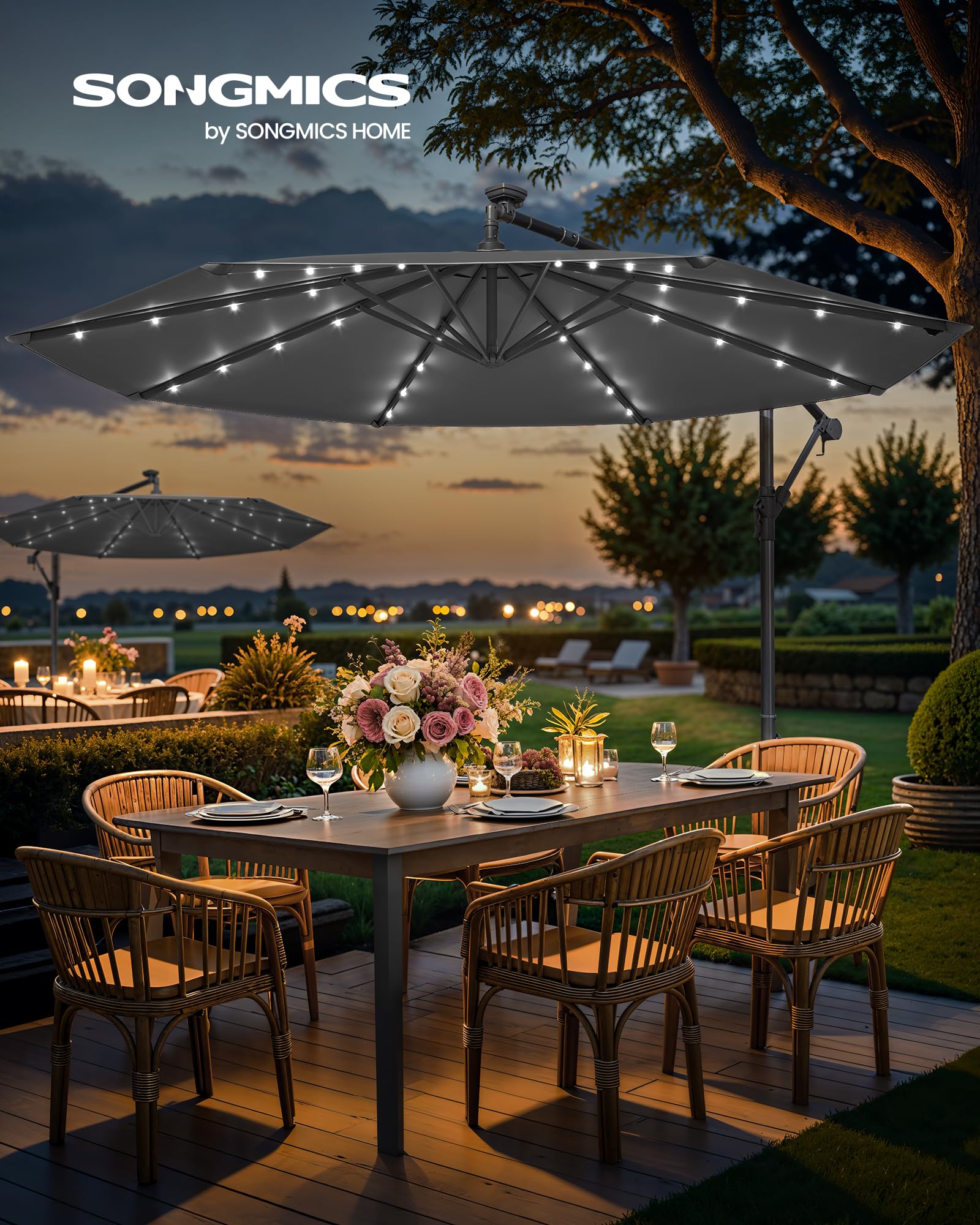 SONGMICS Cantilever Garden Parasol with Solar-Powered LED Lights, 3 m Banana Patio Umbrella with Base, Crank for Opening Closing, Sunshade with Protection UPF 50+, Beige GPU118M01