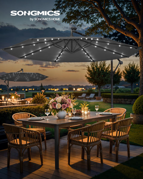 SONGMICS Cantilever Garden Parasol with Solar-Powered LED Lights, 3 m Banana Patio Umbrella with Base, Crank for Opening Closing, Sunshade with Protection UPF 50+, Beige GPU118M01