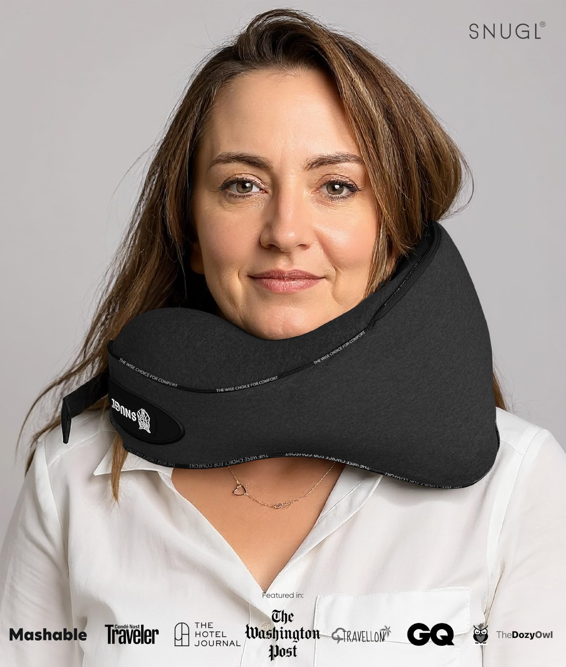 SNUGL Travel Pillow – Memory Foam Neck Pillow for Travel – Support Cushion for Airplane with Carry Bag & Clip - Holiday Essentials (Black - Adult Regular)