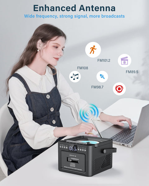 Greadio Portable CD Player for Home, Rechargeable Boombox Cassette Player, FM Radio CD Player with Bluetooth, 5000mAh Battery, Remote Control, USB, AUX, TF/SD Card, 5W Dual Stereo Speaker (Black)