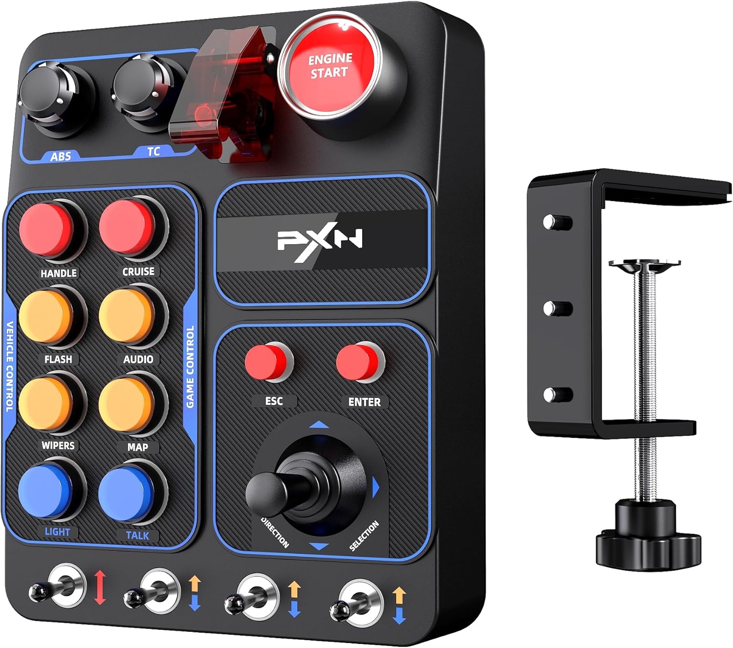PXN CB1 Button Box, ETS2 Buttons Box, PC Control Box for Racing, Truck, Flight & Farm Simulator Games | 19 Sim Buttons & Switches, Adjustable RGB Lighting, Mounting Clamp