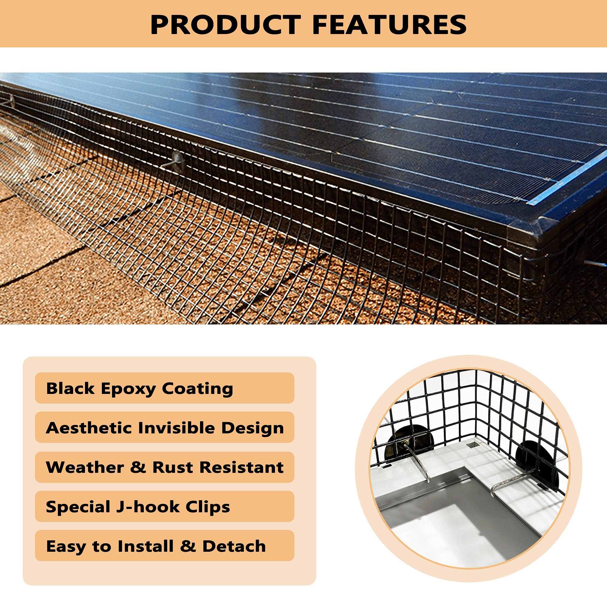 PROLEE 6 Inch X 100FT Solar Panel Bird/Critter Guard Anti-Rust with 100 Fastener Clips Rooftop Solar Panel Bird Wire Screen, Removable Without Damage