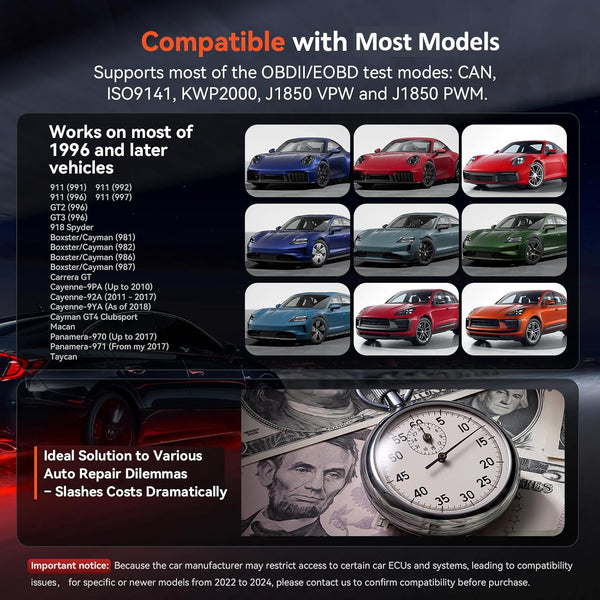 iCarsoft POR V2.0 OBD Diagnostic Tool for Porsche/Cayenne, Full Systems Diagnostic Scan Tool, OBD2 Scanner with 9 Reset Services, Oil/SAS/EPB/BMS/ETC/DP-F/BLD/INJ/TPMS, Battery Test, Free Upgrade