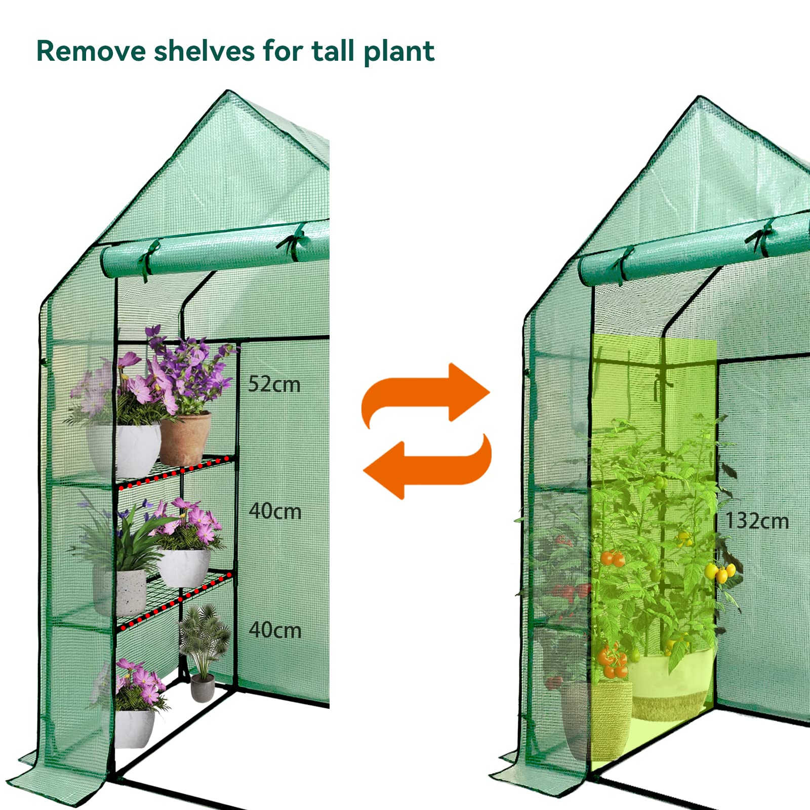 Grandhom Walk In Greenhouse With Shelves,Walk-In Plant Plastic Green House With Durable Green PE Cover, 3 Tiers 6 Shelves Greenhouse Frame Stands with