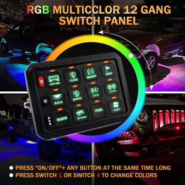 Chelhead 12V/24V Switch Control Panel RGB 6 Gang Dimmable Multi-Function Programmable Switch Panel Acc Battery Control Waterproof, Compatible with Truck Boat SUV RV Trailer Marine ATV UTV