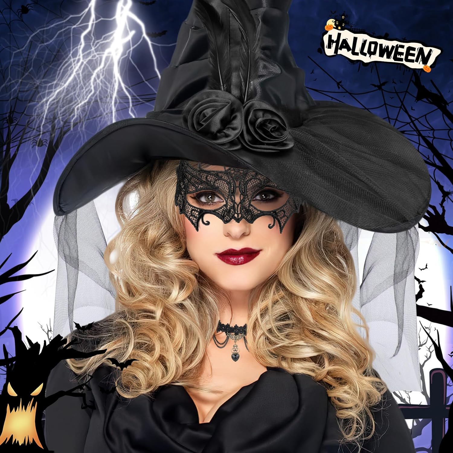 Beipegin Witches Costume Women Hooded Cape Witch Hat Lace Masks Gloves Halloween Costumes Witch Outfit Women Dress up Cosplay