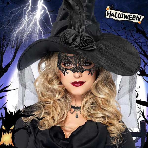 Beipegin Witches Costume Women Hooded Cape Witch Hat Lace Masks Gloves Halloween Costumes Witch Outfit Women Dress up Cosplay