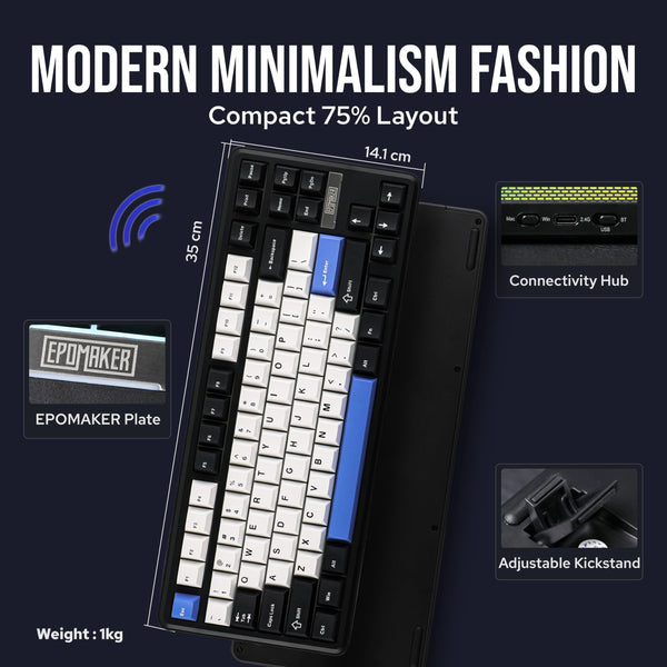 EPOMAKER TH85 QMK/VIA Mechanical Gaming Keyboard, BT/2.4Ghz Wireless, RGB, Hot-Swappable & Programmable Keys in US 75% Layout (Black&White, Creamy Jade Switch)