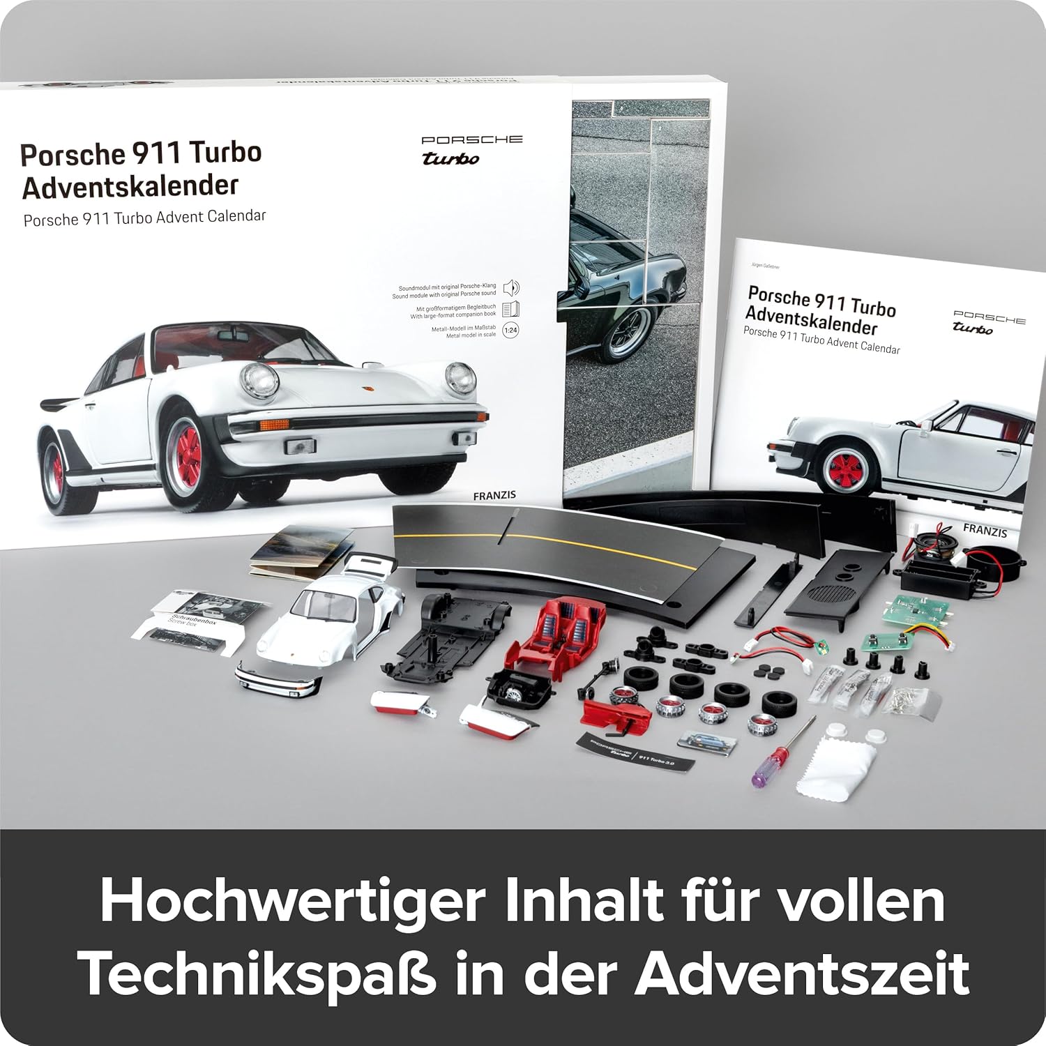 FRANZIS 67322 Porsche 911 Turbo Advent Calendar Model Kit 1:24 Scale Including Sound Base and 52-Page Accompaniment Book
