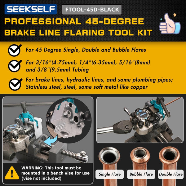 SEEKSELF Professional Brake Line Flaring Tool Kit for 45 Degree Single, Double and Bubble Flares, 3/16", 1/4", 5/16", 3/8" and 4.75mm Steel Copper Metal Tubing, Black