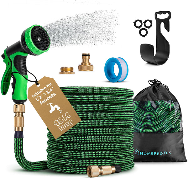 HOMEPROTEK Expandable Garden Hose 50ft / 15m - Retractable Garden Hose Pipe Spray Gun Including 9 Modes, 3-Layer Latex No-Kink Flexible Water Hose