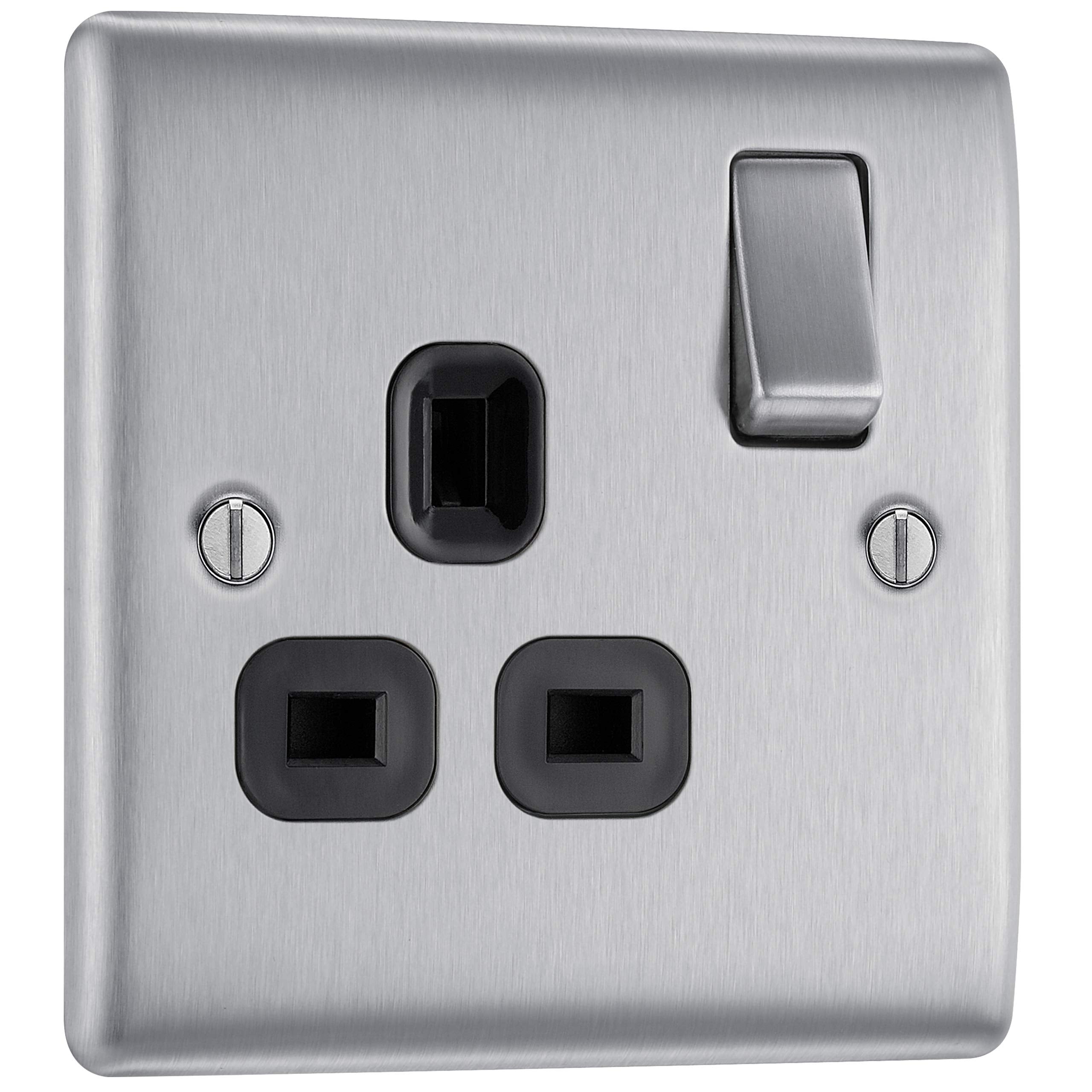 BG Electrical Cooker Switch with Socket and LED, Cooker Control Unit, Control Socket, Double Pole, Raised Profile, Round Edges, Nexus Metal, Brushed Steel, Grey Inserts, 45A, NBS70G
