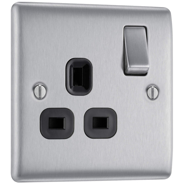 BG Electrical Cooker Switch with Socket and LED, Cooker Control Unit, Control Socket, Double Pole, Raised Profile, Round Edges, Nexus Metal, Brushed Steel, Grey Inserts, 45A, NBS70G