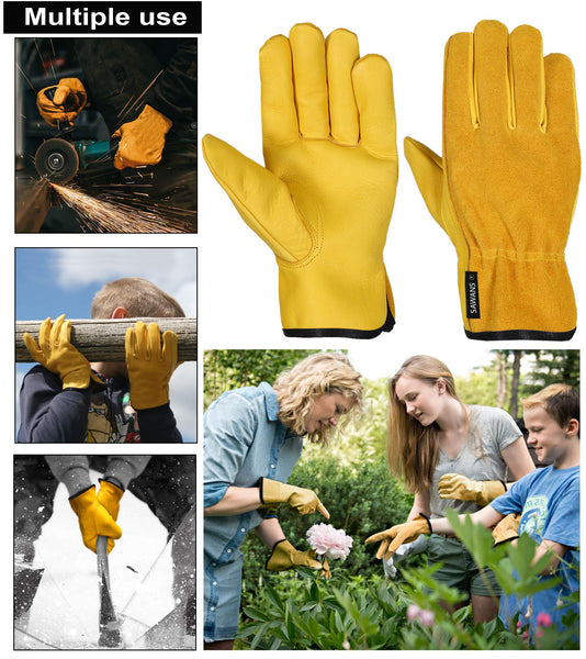 SAWANS Leather Working Gloves Work Gardening Gloves Thorn Proof Garden Building Heavy Duty Utility Gripper Men Women Breathable and Flexible Construction