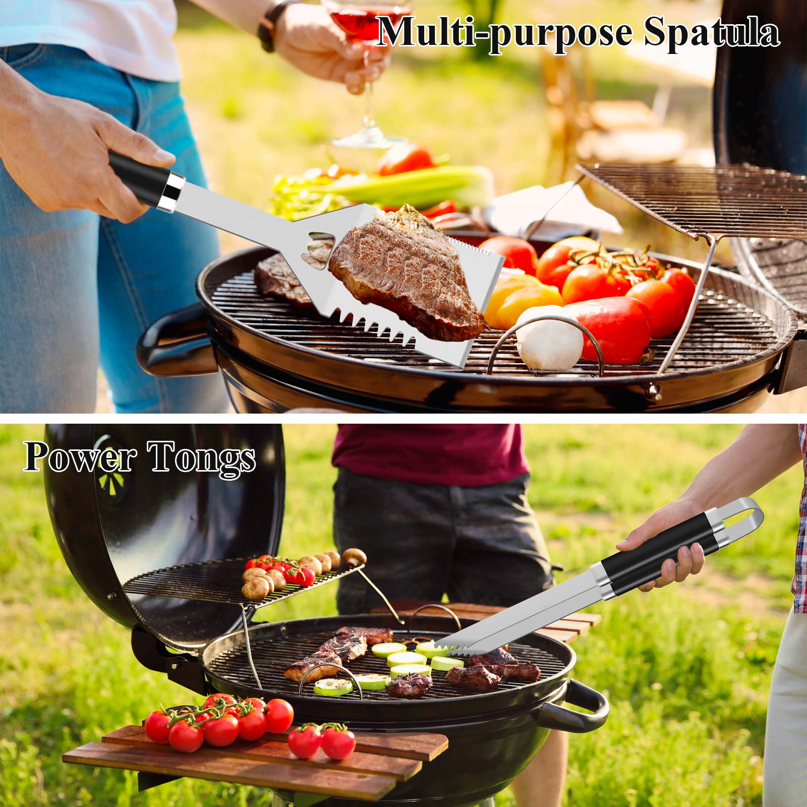 ROMANTICIST 26pcs Extra Thick Stainless Steel Grill Tool Set for Men, Heavy Duty Grilling Accessory Kit for Backyard, BBQ Utensils Gift Set with Meat Thermometer in Aluminum Case for Birthday Brown