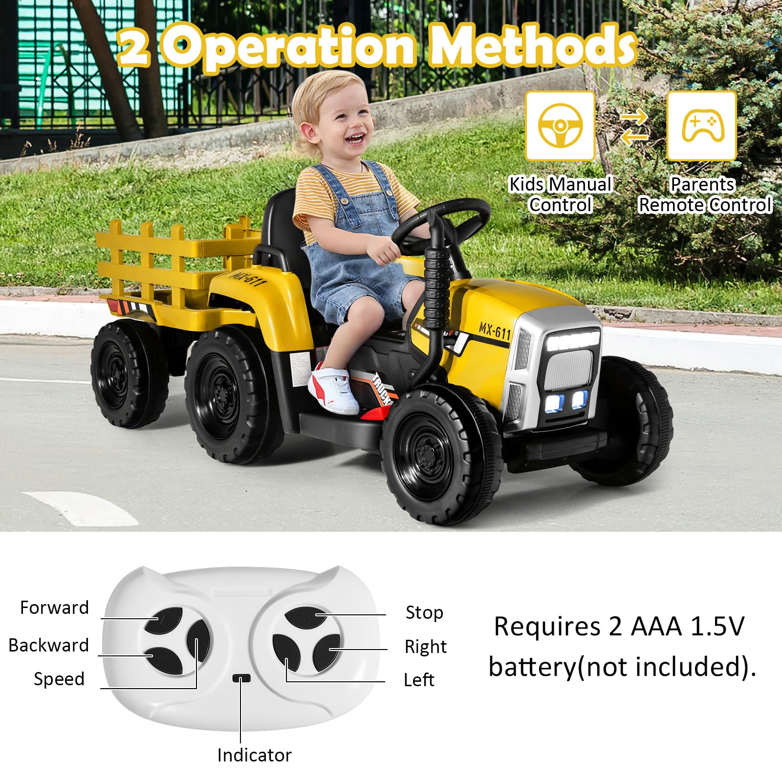 COSTWAY Ride on Tractor and Trailer, 12V Battery Powered Electric Kids Toy Car with Remote Control, LED Lights, USB & Bluetooth Music, Four Wheels Ride on Toys for Children Ages 3+(Dark Green)