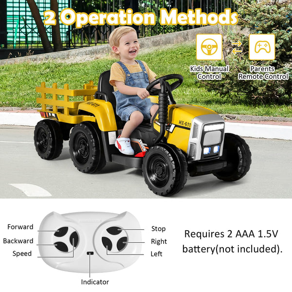 COSTWAY Ride on Tractor and Trailer, 12V Battery Powered Electric Kids Toy Car with Remote Control, LED Lights, USB & Bluetooth Music, Four Wheels Ride on Toys for Children Ages 3+(Dark Green)