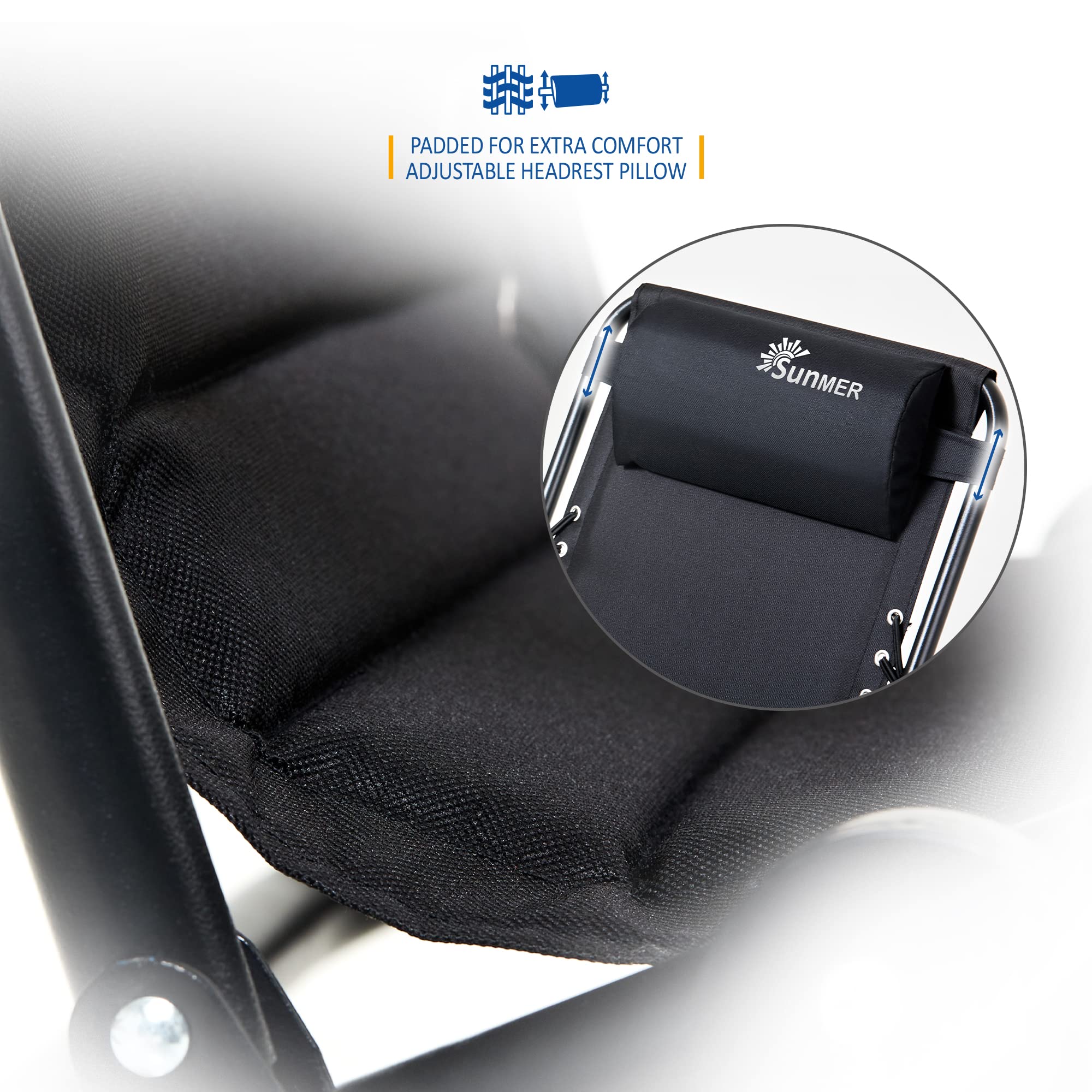 Set of 2 Sun Lounger Garden Chairs With Cup And Phone Holder | Adjustable Headrest Pillow | Deck Folding Recliner Zero Gravity Outdoor Chair - Black